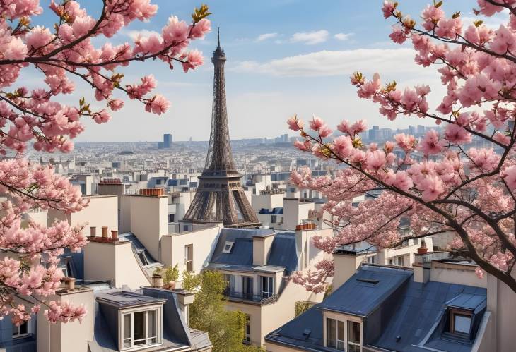 Charming Paris Eiffel Tower and Rooftops with Magnolia in Bloom