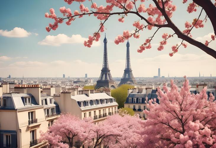 Charming Paris Eiffel Tower, Rooftops, and Spring Blooms in Retro Style