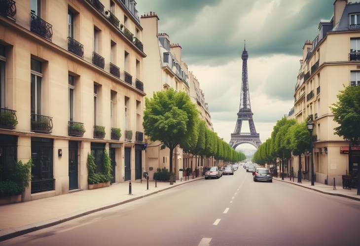 Charming Paris Street with Eiffel Tower in View on a Cloudy Summer Day, Retro Paris France