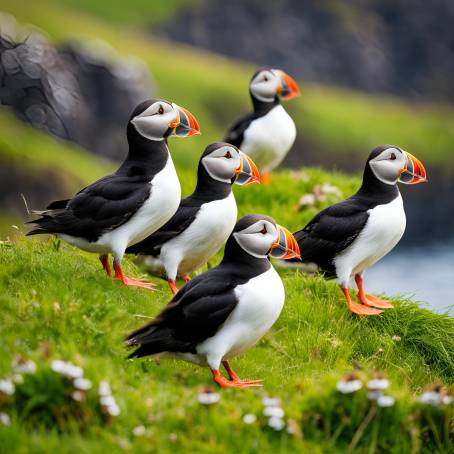 Charming Puffins on the Coastal Cliffs of Mykines Island, Faroe Islands  Atlantic Ocean Bird Photo