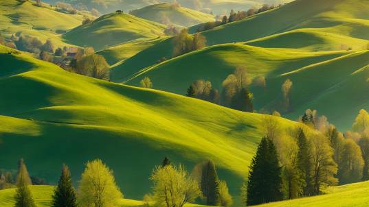 Charming Romanian Countryside in Spring Panorama of Rolling Hills, Grassy Fields, and Sunny Weather