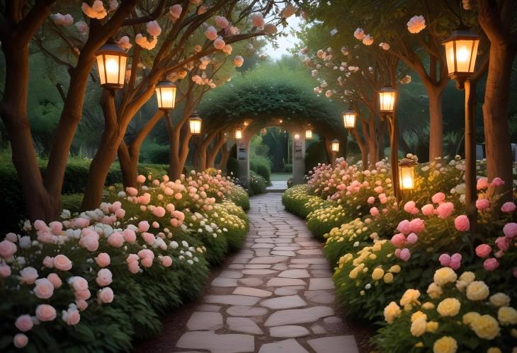 Charming Romantic Garden Pathway Lined with Blooming Flowers and Lit by Soft Lanterns for a Cozy At