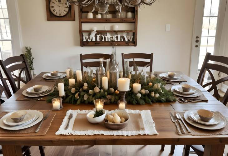 Charming Rustic Farmhouse Table Set with Elegant Dinnerware and Cozy Decor for a Family Gathering