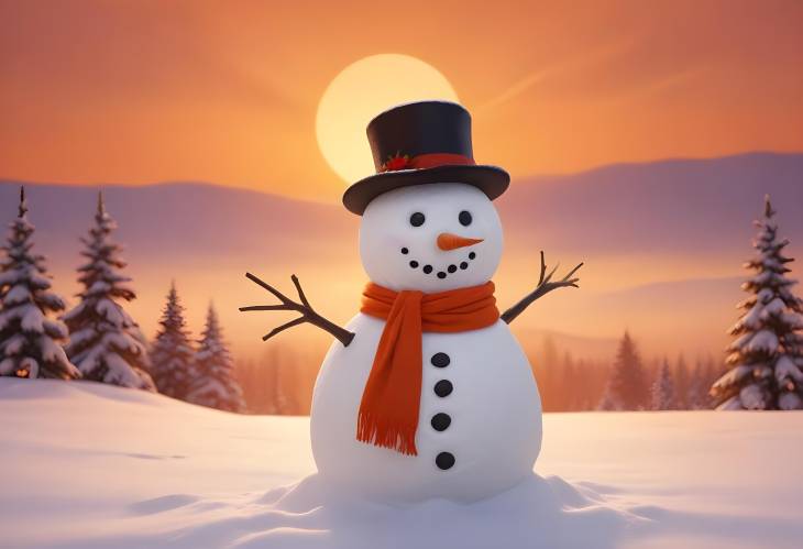 Charming Snowman Silhouetted Against a Fiery Orange Sunset