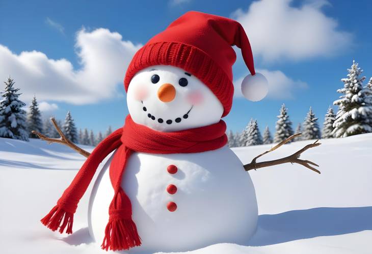 Charming Snowman with Red Hat and Scarf in Snow Covered Field Under Bright Blue Sky