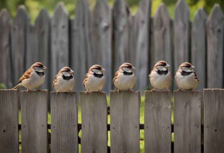 Charming Sparrows Perched in a Row on a Wooden Fence