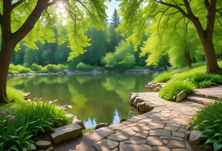 Charming Summer Spring Park Landscape Featuring a Lake, Green Trees, and a Stone Path in Sunlight