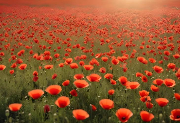 Charming Sunlit Poppy Field with Red Flowers Swaying Softly Under a Bright Clear Sky