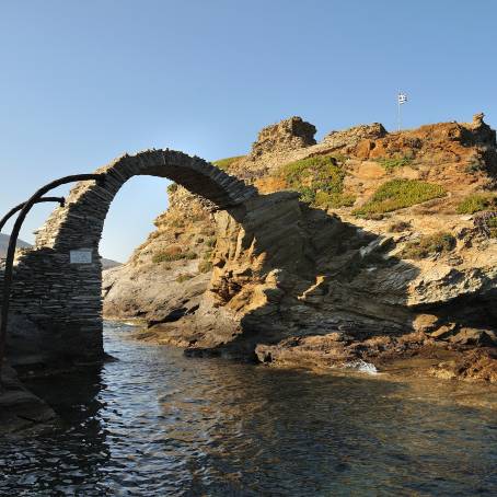 Charming Sunrise at Andros Castle with Ancient Stone Bridge, Greece