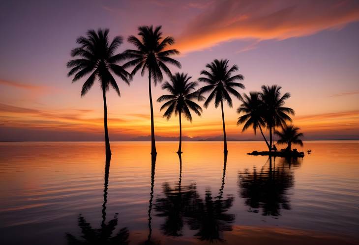 Charming Sunset Over Still Waters with Silhouetted Palm Trees Framing a Calm and Peaceful Tropical