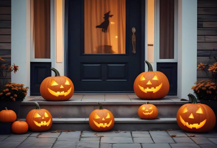 Charming Three Halloween Jack o Lanterns on Terrace Ideal for Festive Decoration and Holiday Spirit