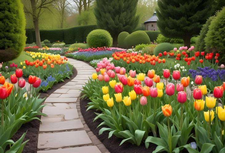 Charming Tulip Flowerbeds and Stone Path in a Formal Spring Garden, Full of Color and Beauty