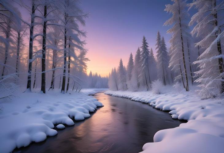 Charming Twilight Winter Scene with SnowCovered Trees and Frozen River in Remote Forest