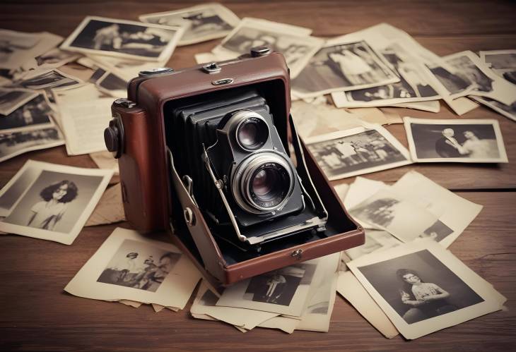 Charming Vintage Camera on a Wooden Table Surrounded by Old Fashioned Photos