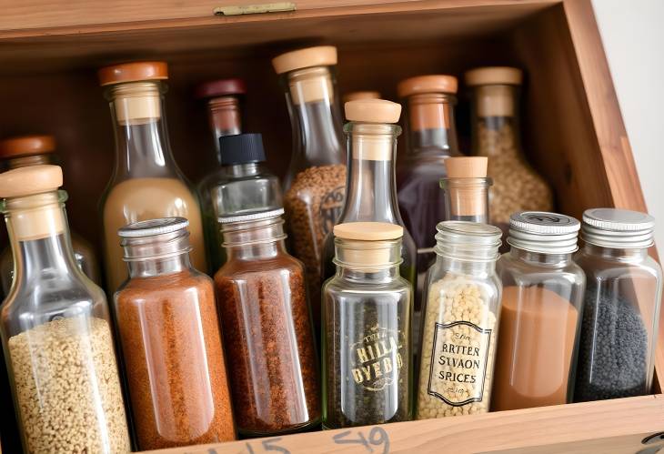 Charming Vintage Spice Bottles in a Rustic Wooden Box