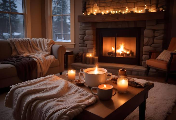 Charming Winter Evening by the Fireplace with Hot Cocoa, Wool Blankets, and a Cozy Fire Glow