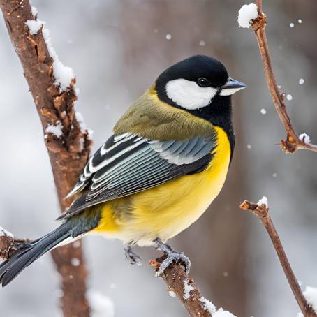 Charming Winter Scene Yellow Bellied Parus on Snowy Twig  Bird Photography Close Up