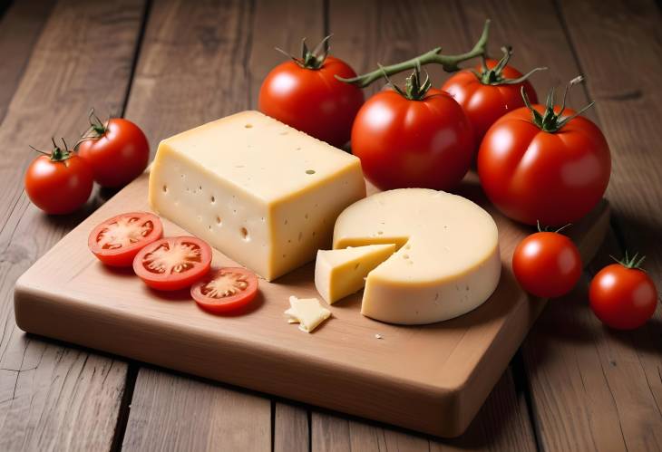 Cheese and Tomatoes Arranged on Wooden Desk  Close Up Rustic Food Shot