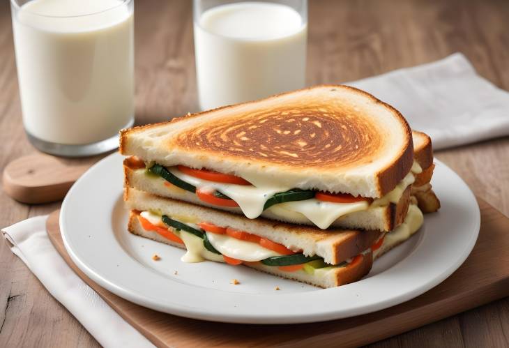 Cheese and Vegetable Toasted Sandwich with a Glass of Milk A Perfect Comfort Meal