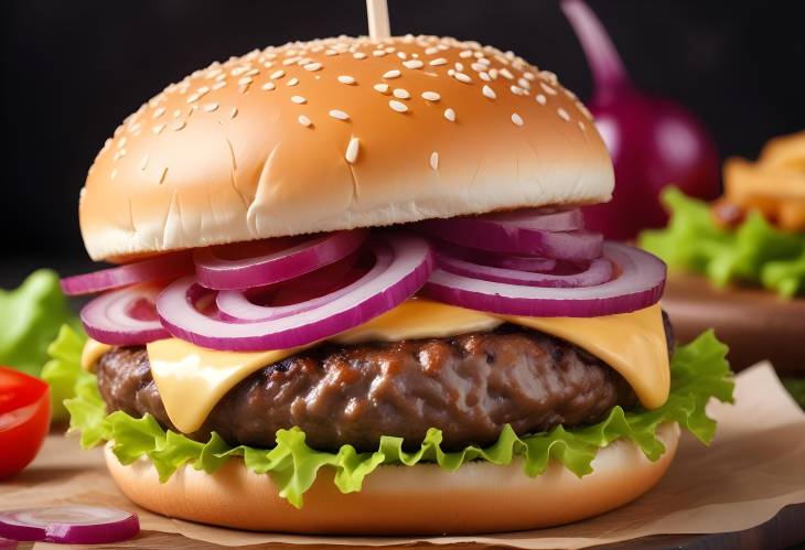 Cheeseburger with Red Onion and Melty Cheese Close Up Shot