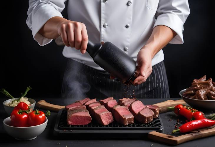 Chef Adding Fresh Pepper to Steak on Grill Pan