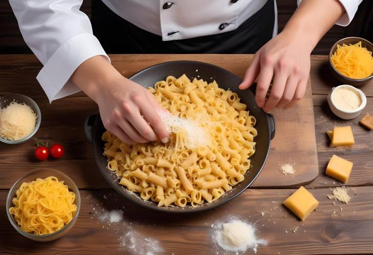 Chef Adding Parmesan Cheese to Italian Pasta Dish