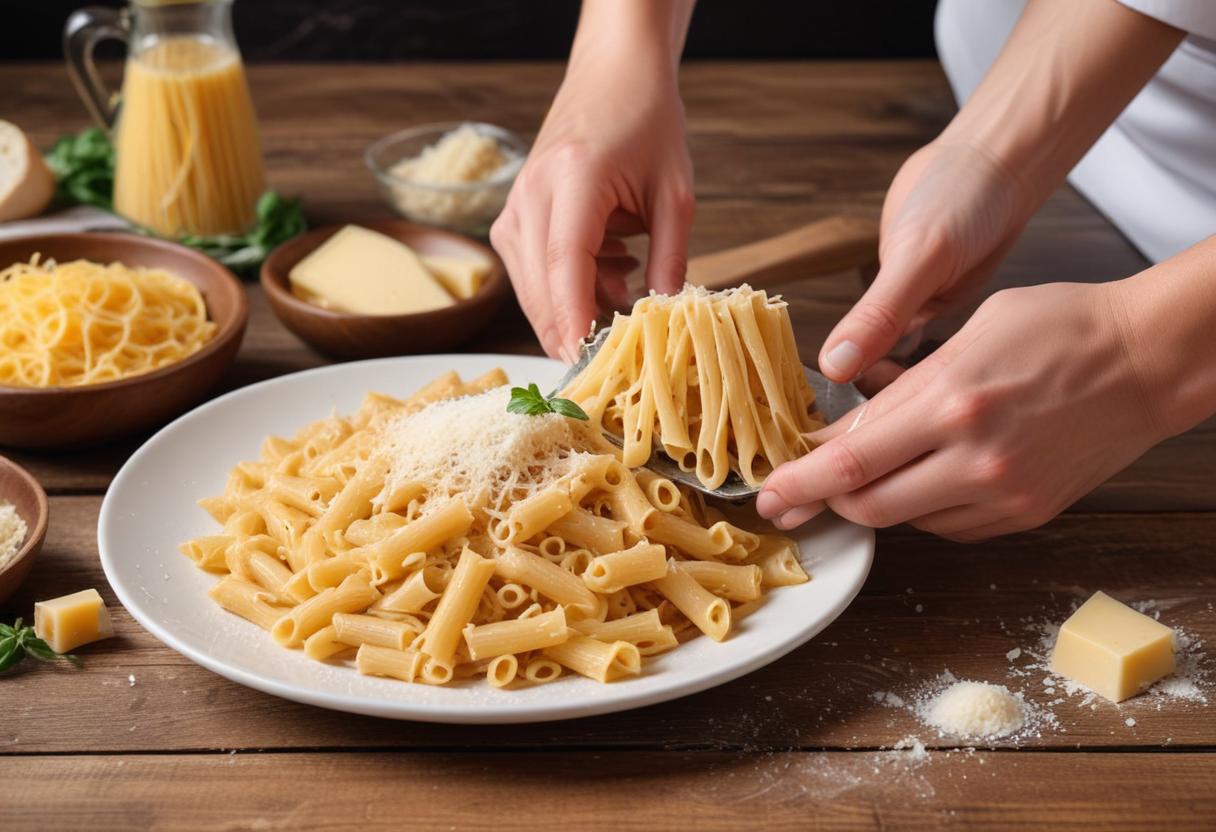 Chef Adding Parmesan to Italian Pasta on Wooden Table