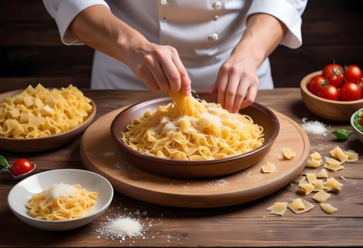 Chef Adding Parmesan to Pasta on Rustic Wooden Table