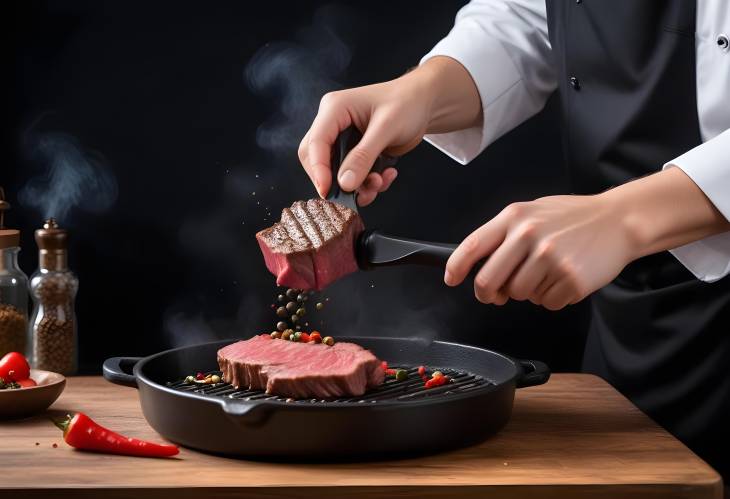 Chef Adding Pepper to Beef Steak in Grill Pan CloseUp