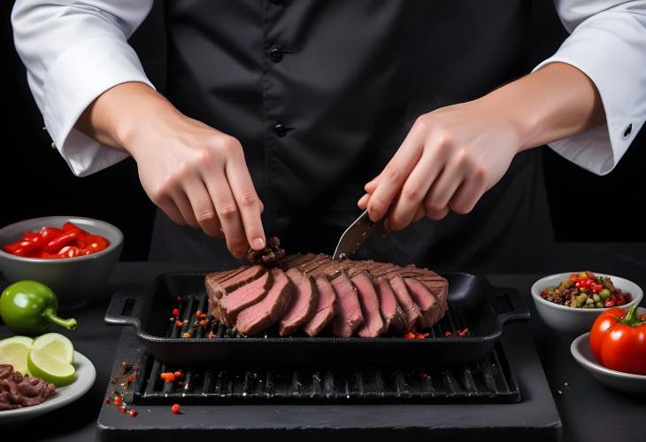 Chef Adding Pepper to Beef Steak in Grill Pan CloseUp