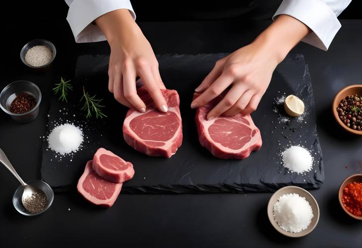 Chef Adding Salt and Pepper to Steak on Black Background