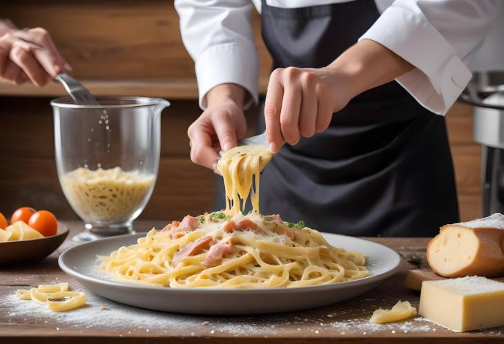 Chef Cooking Italian Carbonara with Parmesan Cheese