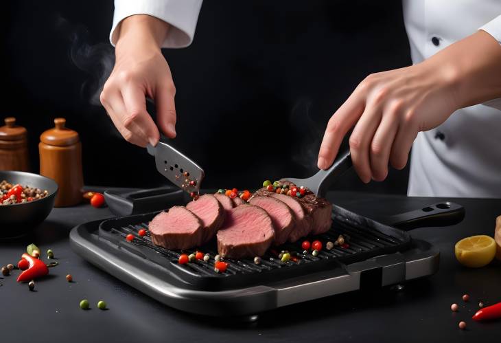 Chef Grinding Pepper on Beef Steak in Grill Pan CloseUp