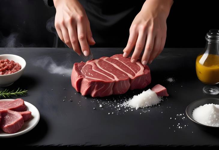 Chef Hands Adding Salt and Pepper to Steak on Black