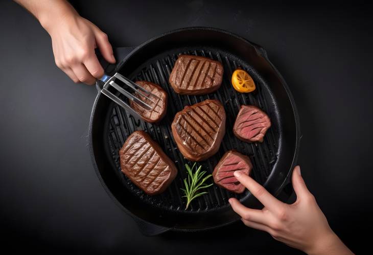 Chef Hands Cooking Beef Steak on Black Grill Pan