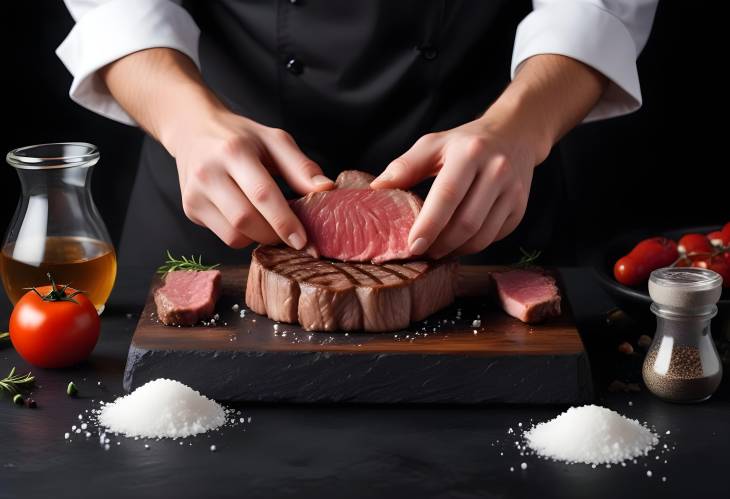 Chef Hands Cooking Meat Steak with Salt and Pepper