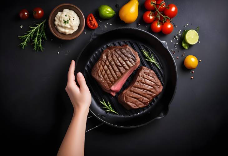 Chef Hands Grilling Beef Steak on Black Pan