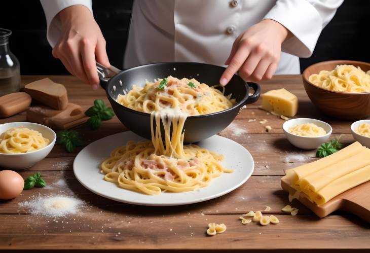 Chef Hands Making Italian Carbonara with Parmesan