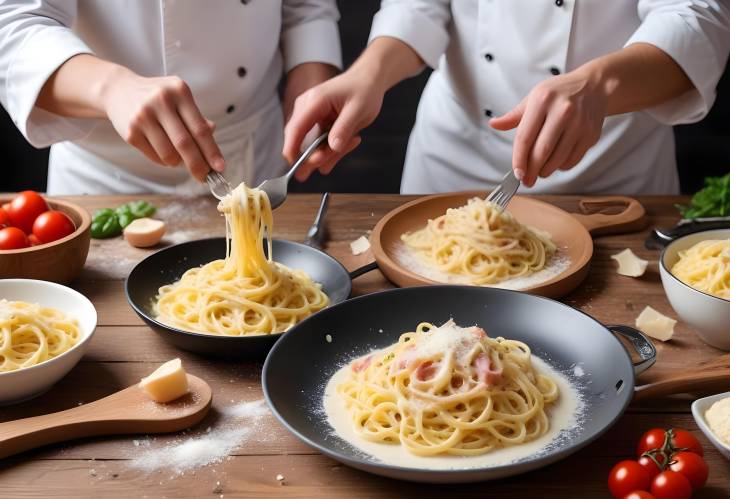 Chef Hands Making Italian Carbonara with Parmesan