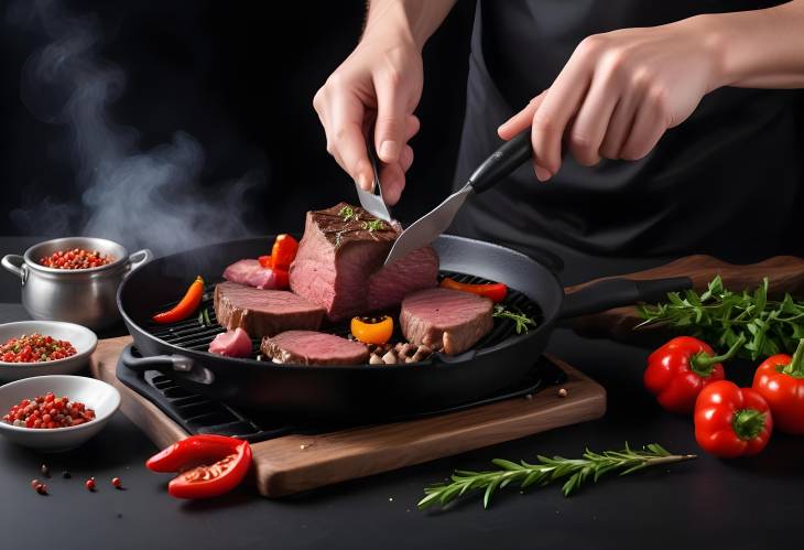 Chef Seasoning Beef Steak with Pepper in Grill Pan