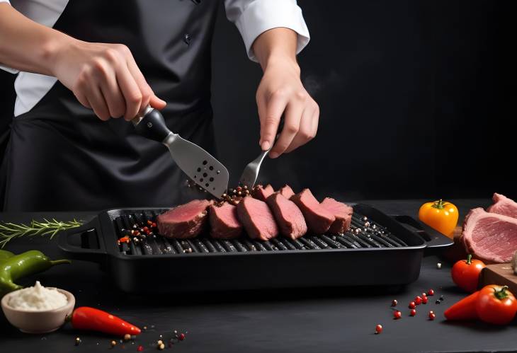 Chef Seasoning Beef Steak with Pepper on Black Pan