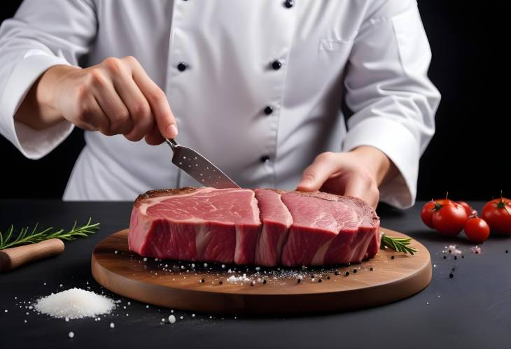 Chef Seasoning Meat Steak with Salt and Pepper on Black