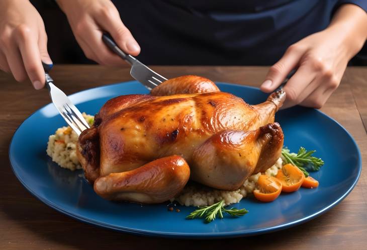 Chef Serving Chicken on Blue Plate Forceps in Action