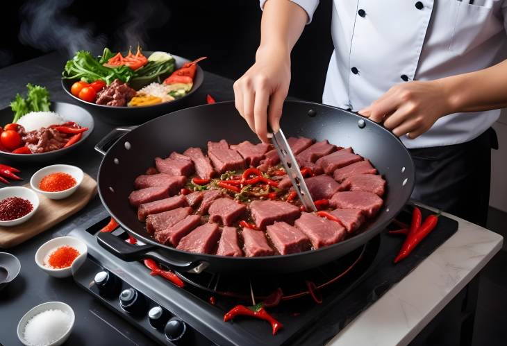 Chef StirFrying Beef Slice with Salt  Chili Pepper