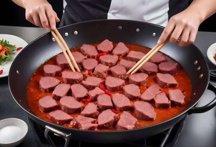 Chefs Beef Slice with Salt  Chili Pepper in Wok