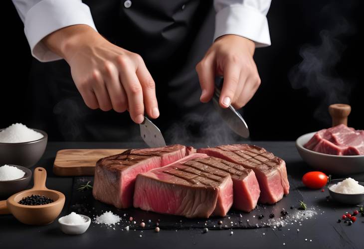 Chefs Hands Adding Salt and Pepper to Steak on Black