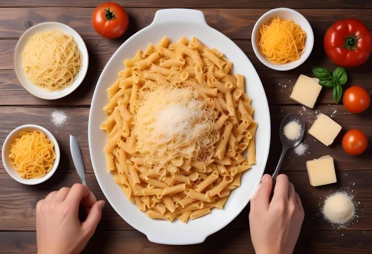 Chefs Italian Pasta with Parmesan on Rustic Wooden Table