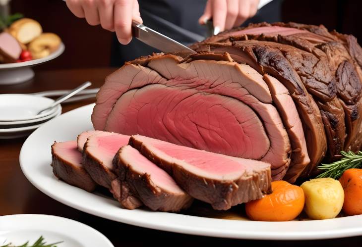 Chefs Masterpiece Close Up of a Prime Rib Roast Being Sliced for Dinner