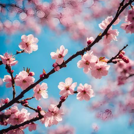 Cherry Blossom Bliss Japanese Pink Flowers in Full Bloom Beneath a Clear Blue Sky