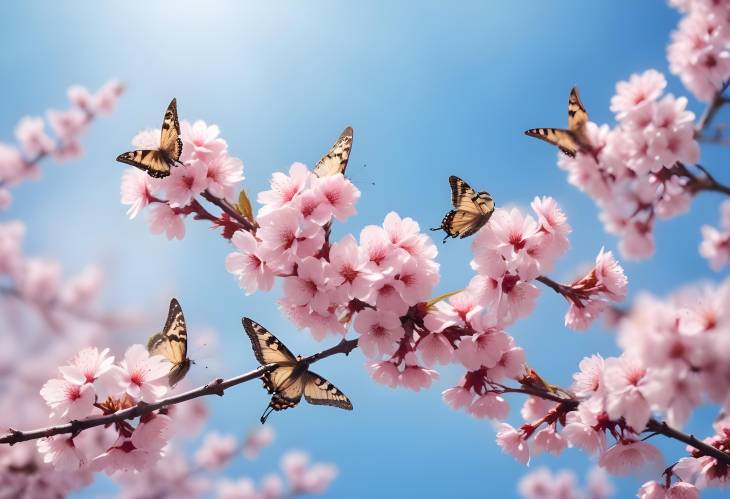 Cherry Blossom Branches and Butterflies with Blue Sky in Spring